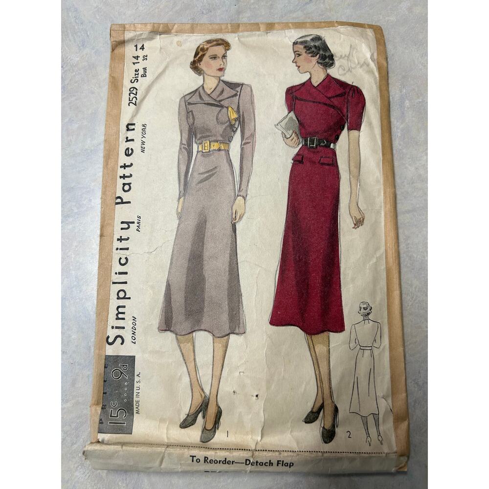 Vintage 1930's Simplicity Pattern‎ #2529 Women's Tailored Dress Size 14 HTF